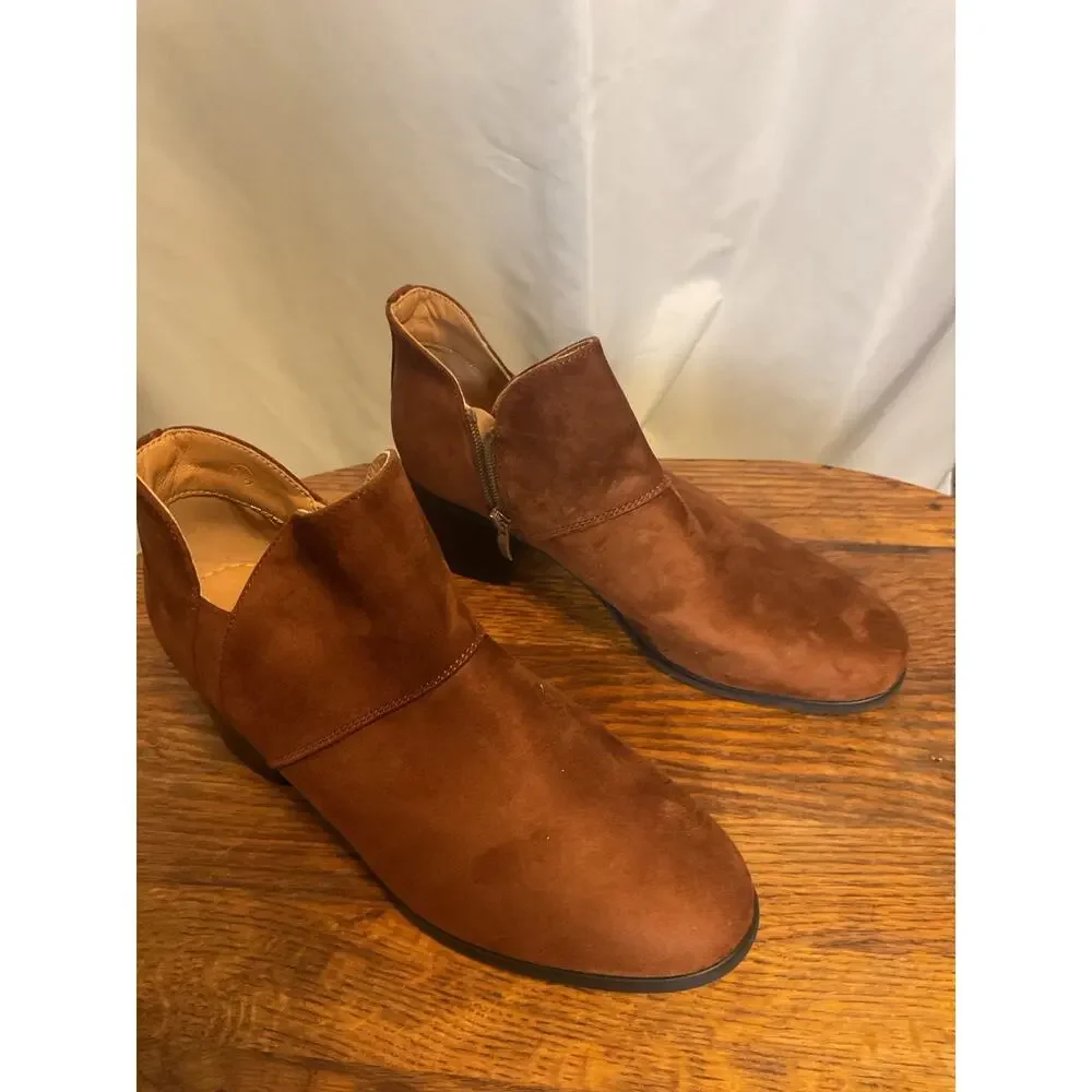 Women’s Brown Suede Ankle Boots Cutout Side Zip Block Heel Size 7.5
